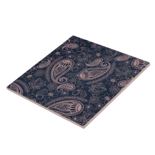 Classy Blue Rose Gold Glitter Paisley Floral Tile (Side)