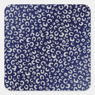 Classy Blue Silver Glitter Leopard Animal Print Square Sticker