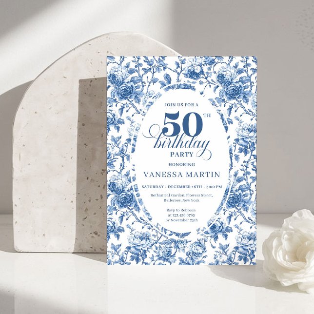 Classy Blue Toile de Jouy Floral 50th Birthday  Invitation (Classy Blue Toile de Jouy Floral 50th Birthday Invite)