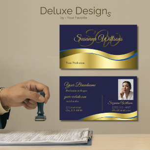 Classy Blue Wavy Gold Decor with Initials Photo Business Card