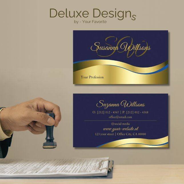 Classy Blue Wavy Gold Decor with Initials Stylish Business Card (Creator Uploaded)