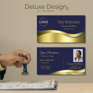 Classy Blue Wavy Gold Decor with Logo and Photo Business Card