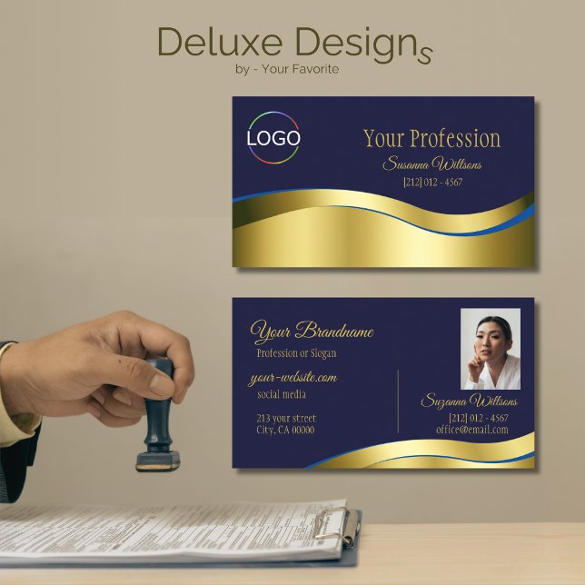 Classy Blue Wavy Gold Decor with Logo and Photo Business Card (Creator Uploaded)