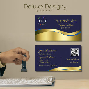 Classy Blue Wavy Gold Decor with Logo QR Code Business Card