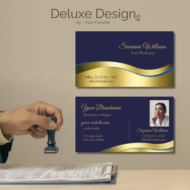 Classy Blue Wavy Gold Decor with Photo Stylish Business Card (Creator Uploaded)