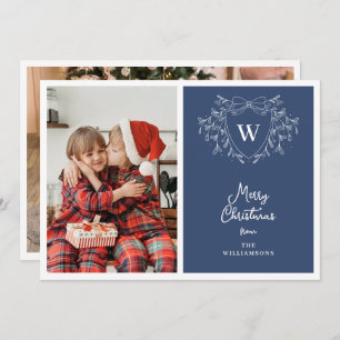 Classy blue & white classy crest 2 photos holiday card
