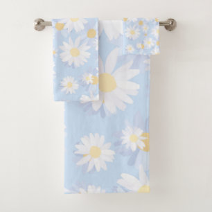 Classy Blue White Daisy Flowers Bath Towel Set