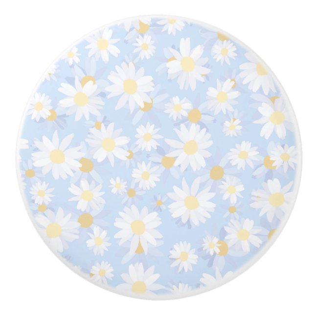 Classy Blue White Daisy Flowers Ceramic Knob (Front)
