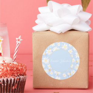 Classy Blue White Daisy Flowers Classic Round Sticker