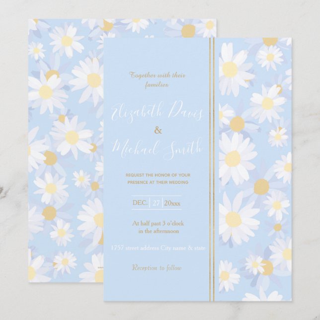 Classy Blue White Daisy Flowers Invitation (Front/Back)