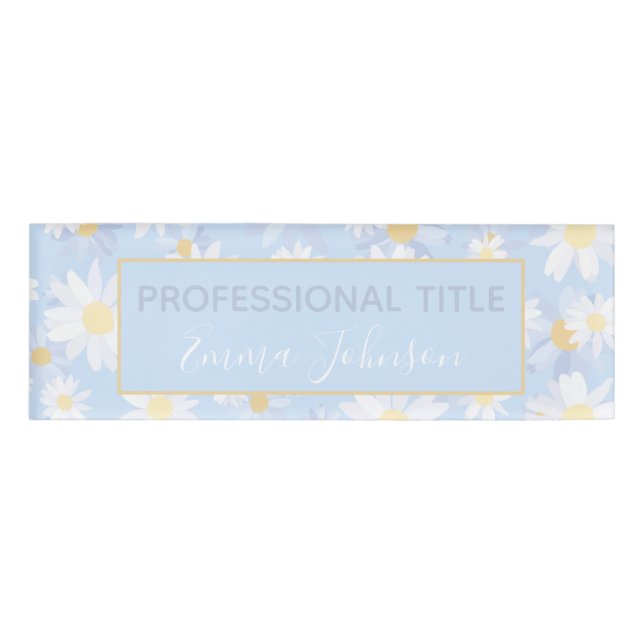 Classy Blue White Daisy Flowers Name Tag (Front)