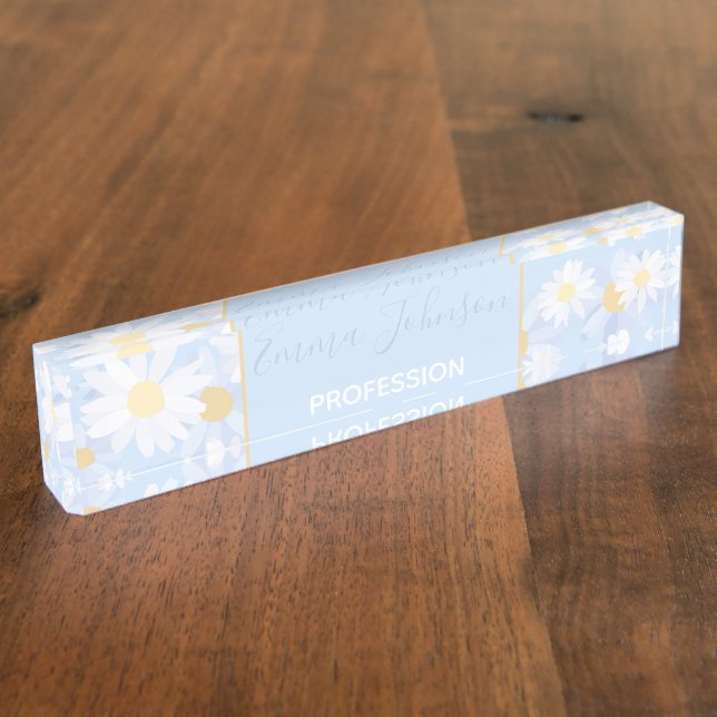 Classy Blue White Daisy Flowers Nameplate (Side)