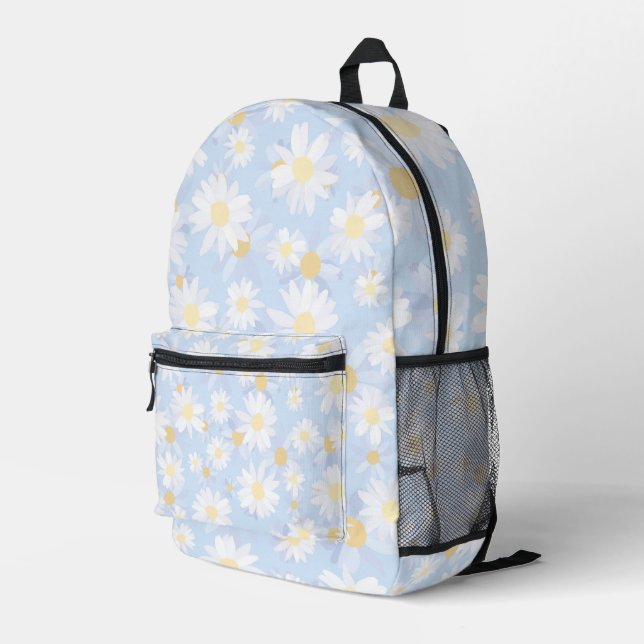 Classy Blue White Daisy Flowers Printed Backpack (Back Corner Right)