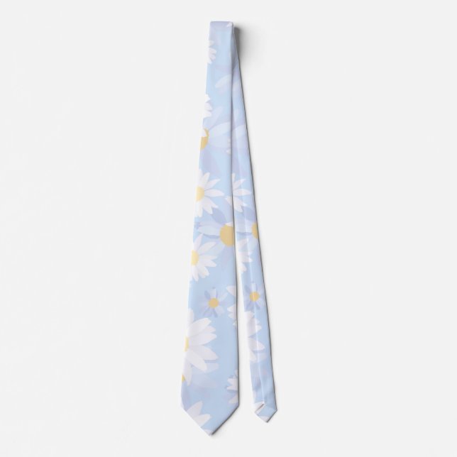 Classy Blue White Daisy Flowers Tie (Front)