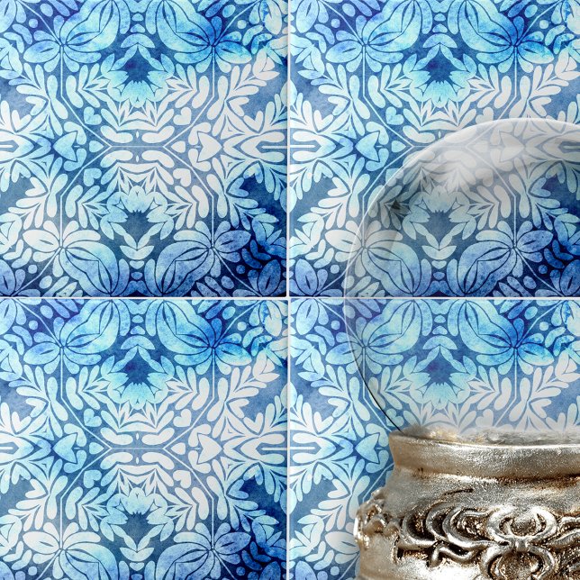 Classy Blue White Leafy Motifs and Floral Elements Tile (Creator Uploaded)