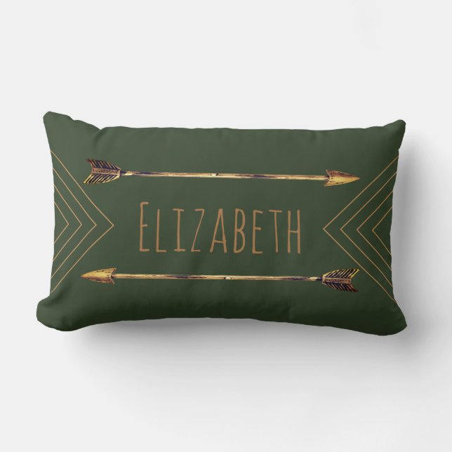 Classy Bohemian Gold Tribal Arrows & Green Lumbar Cushion (Front)