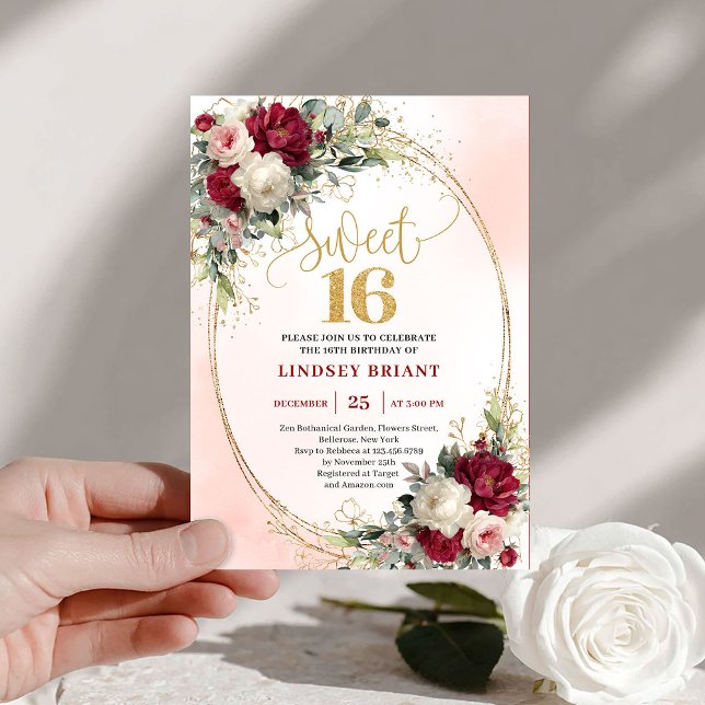 Classy Boho Burgundy Blush Gold Floral Sweet 16th Invitation (Classy Boho Burgundy Blush Gold Floral Sweet Sixteen)