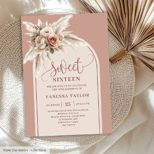 Classy Boho Dusty Rose Pampas Floral Arch Sixteen Invitation