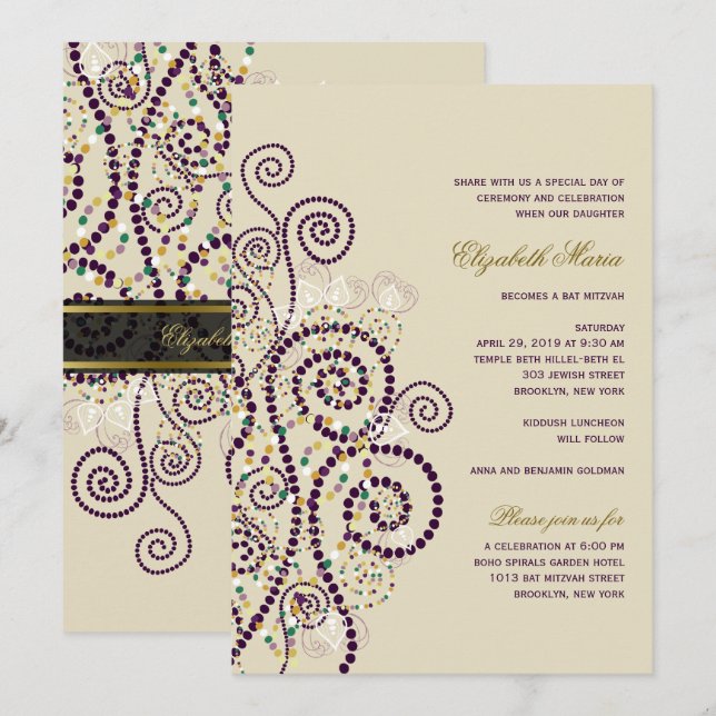 Classy Boho Purple Spirals Bat / Bar Mitvah Invite (Front/Back)