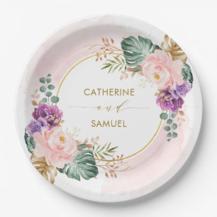 Classy Boho Tropical Blush Purple Floral Wedding Paper Plate
