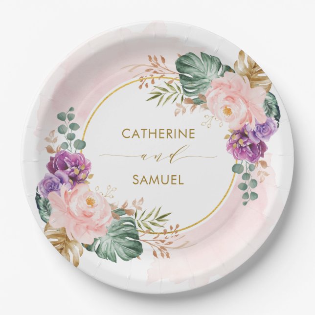 Classy Boho Tropical Blush Purple Floral Wedding Paper Plate (Front)