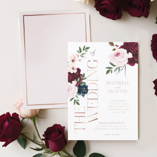 Classy Bold Burgundy & Navy Watercolor Florals Invitation