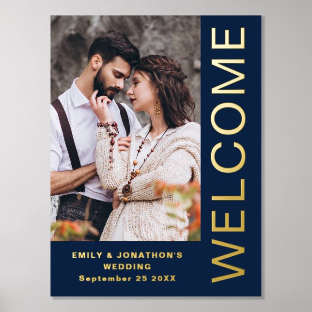 Classy Bold Text Photo Welcome Wedding Navy Blue Foil Prints (Front)