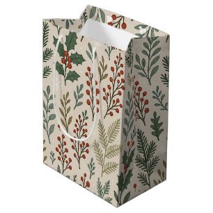 Classy Botanical Holly Berry Floral Art Pattern Medium Gift Bag
