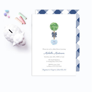 Classy Boxwood Dark Blue & White Boy Baby Shower Invitation
