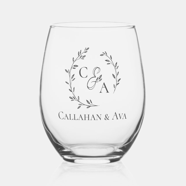 Classy bride & groom names with Personalised Logo Stemless Wine Glass (Front)