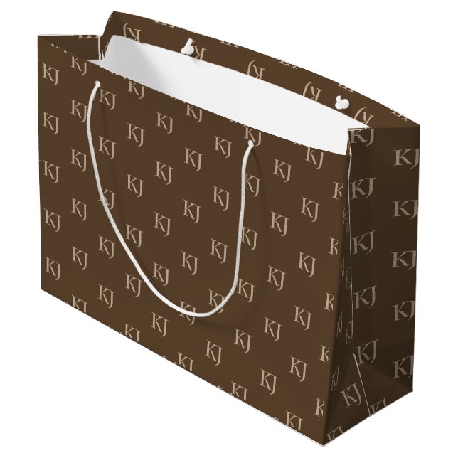 Classy Brown & Beige Monogram Initials Pattern Large Gift Bag (Back Angled)