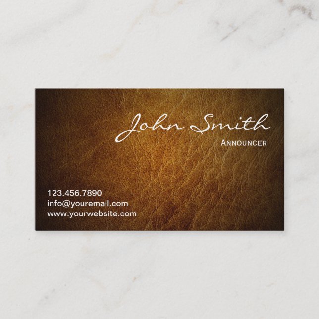 Classy Brown Leather Announcer Business Card (Front)
