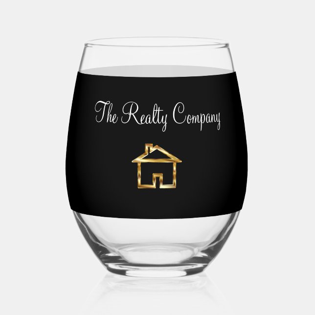 Classy Bulk Realtor Theme Gold House Symbol Stemless Wine Glass (Front)