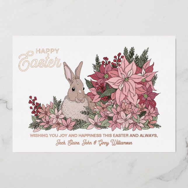 Classy Bunny Rabbit Floral Happy Easter  Foil Holiday Card (Front)