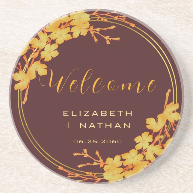 Classy Burgundy and Gold Floral Wedding Welcome Coaster (Front)