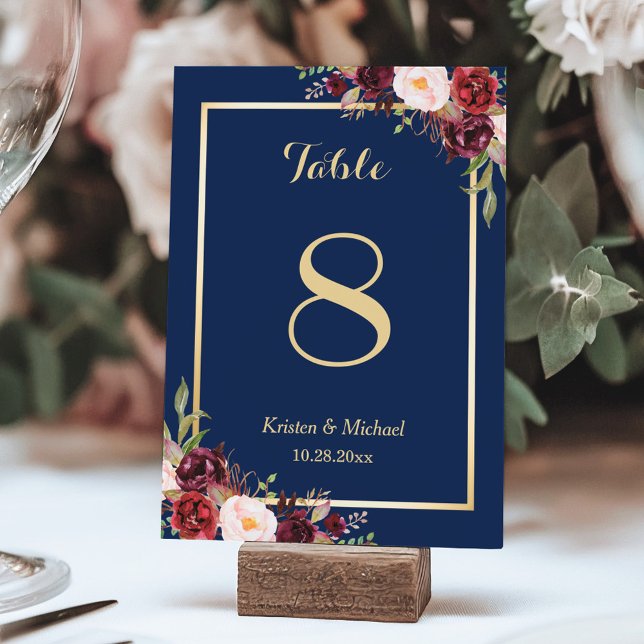 Classy Burgundy Floral Gold Navy Blue Table Number (Creator Uploaded)