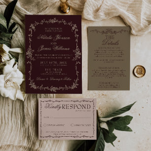 Classy Burgundy Floral Old Money Boho Chic Wedding Invitation