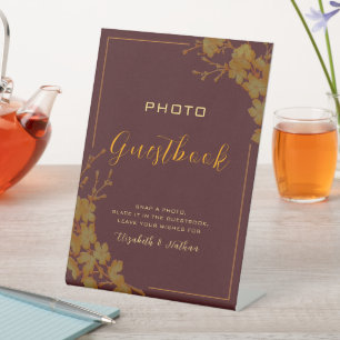 Classy Burgundy & Gold Floral Photo Guestbook Pedestal Sign