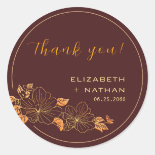 Classy Burgundy Gold Floral Wedding Thank You Classic Round Sticker