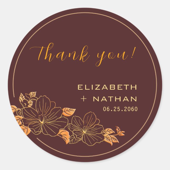Classy Burgundy Gold Floral Wedding Thank You Classic Round Sticker (Front)