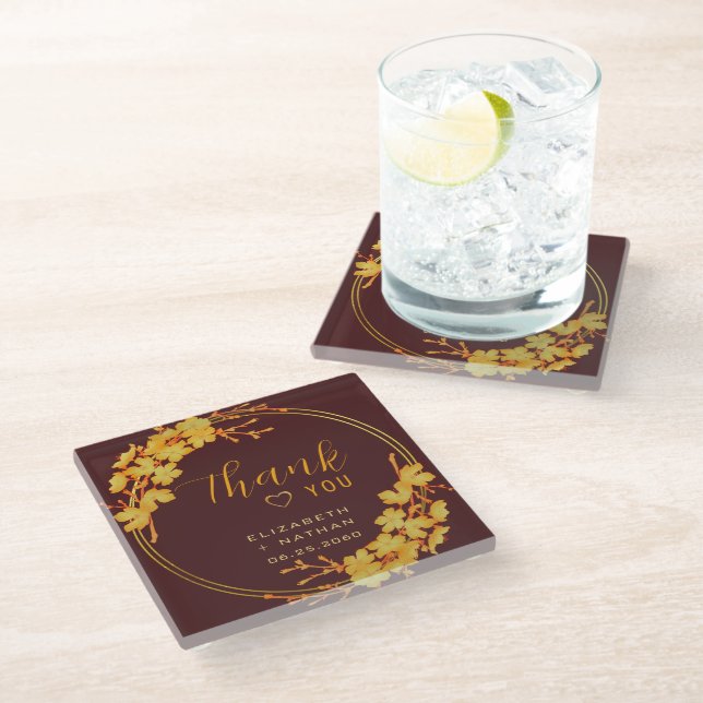 Classy Burgundy Gold Floral Wedding Thank You Glass Coaster (Angled)