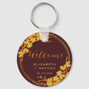 Classy Burgundy & Gold Floral Wedding Welcome Key Ring