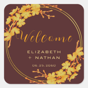 Classy Burgundy & Gold Floral Wedding Welcome Square Sticker