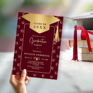 Classy Burgundy Gold Graduate Hat Graduation Party Invitation