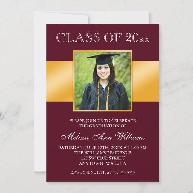 Classy Burgundy Gold Photo Graduation Announcement (Front)