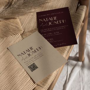 Classy Burgundy Gold QR Code Old Money Wedding Invitation