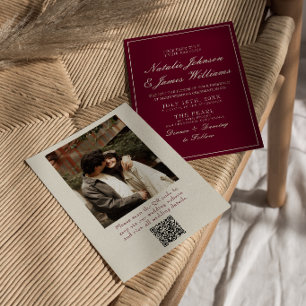Classy Burgundy Old Money QR Code Photo Wedding Invitation