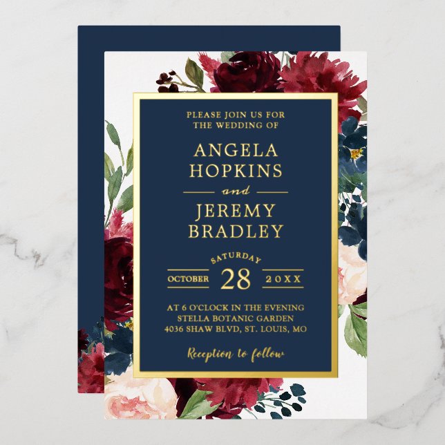 Classy Burgundy Red Navy Blue Floral Wedding Real (Front/Back)