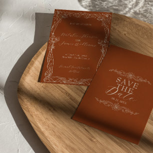 Classy Burnt Orange Romantic Floral Boho Wedding Save The Date