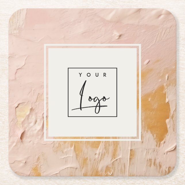 Classy Bush Pink Gold Oil Paint Texture Logo Square Paper Coaster (Front)